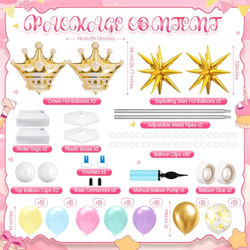 LaRandom 2 Sets Princess Balloon Column Stand Kit with Crown Exploding Star Foil Balloon Pastel Rainbow Balloons Arch Garland for Princess Birthday Wedding Baby Shower Decorations Party Supplies - Image 5
