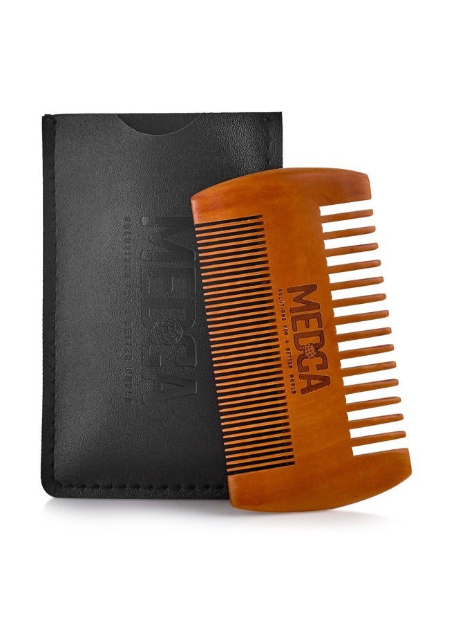 MEDca Wooden Beard Comb With Leather Case - Handcrafted Solid Beechwood Beard, Mustache and Head Hair Pocket Combs for Men Dual Action Fine & Coarse Teeth Perfect for Conditioner Oils and Beard Balms - Image 1