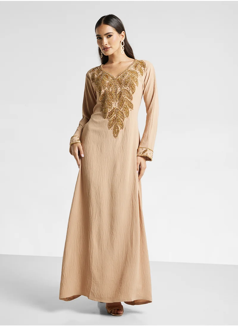 ARABIAN CLOSET Embellished Belted Jalabiya