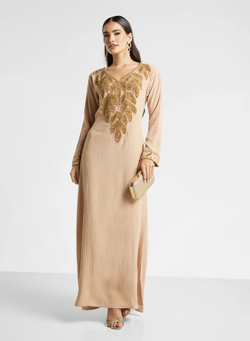ARABIAN CLOSET Embellished Belted Jalabiya