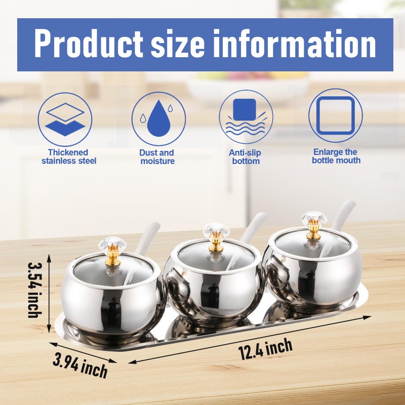 KEJJRIUTN 304 Stainless Steel Seasoning Containers Set, Condiment Jar Spice Container with Lid Spoon and Tray, Sugar Storage Organizers with 3 Serving Spoons - Image 2