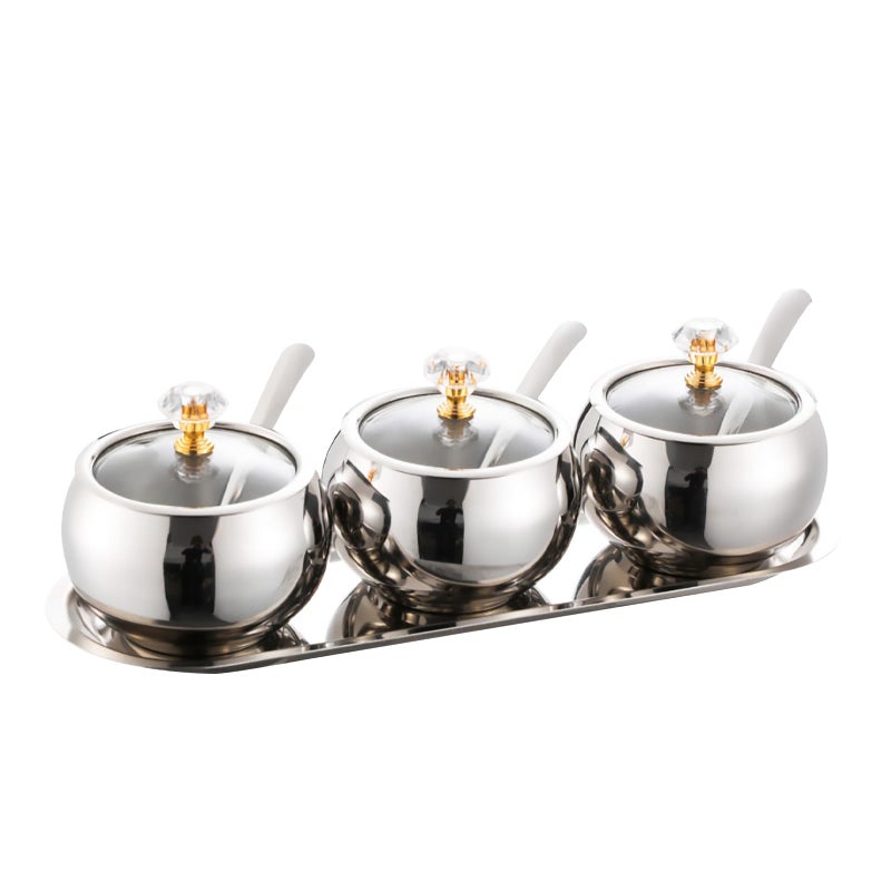 KEJJRIUTN 304 Stainless Steel Seasoning Containers Set, Condiment Jar Spice Container with Lid Spoon and Tray, Sugar Storage Organizers with 3 Serving Spoons - Image 1