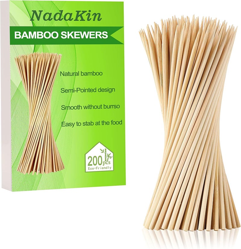NadaKin 200 PCS Bamboo Skewers, 12 Inch Wooden Skewer for Appetizers, Fruit, Kebabs, Grilling Barbecue, Mini Burger, Sausage, Cocktail Picks for Drinks, Long Toothpicks, Food Sticks Natural, Kitchen Gadget - Image 1