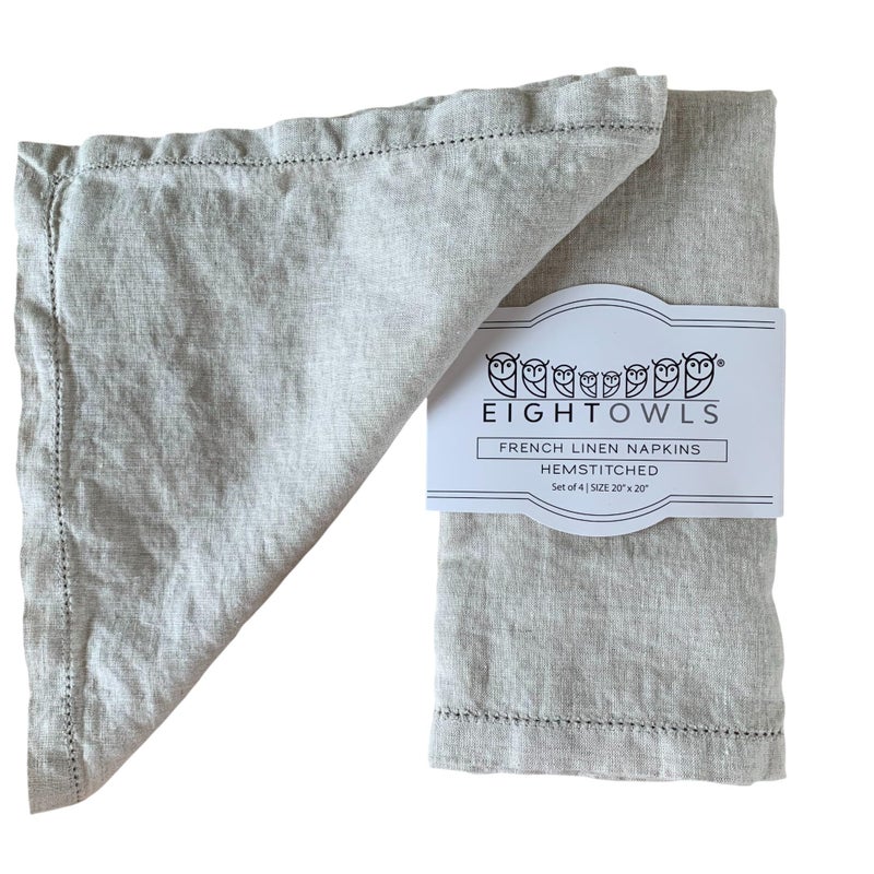 Hemstitched Linen Napkins 20 Inch x 20 Inch Stonewashed Pure Linen Cloth Dinner Napkins with Mitered Corners 100 French Flax Machine Washable Set of 4 Natural Oatmeal