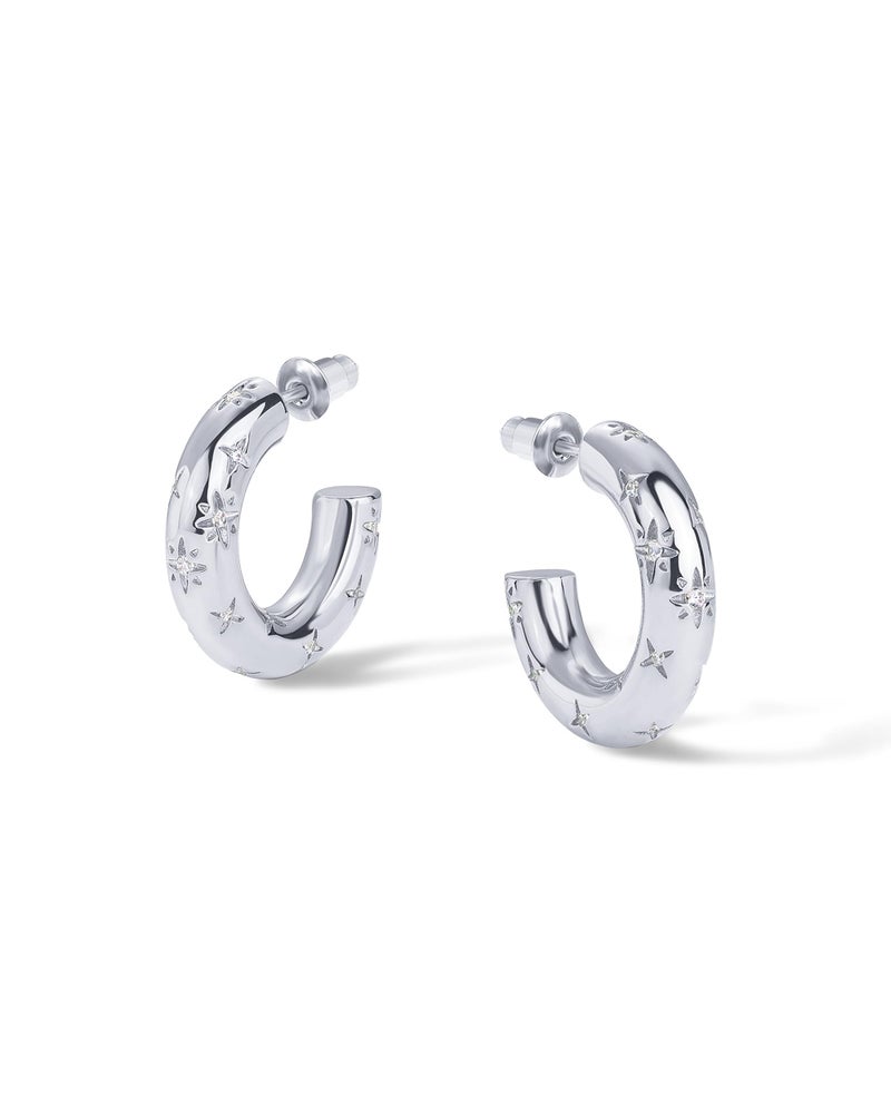 PAVOI Rhodium Plated Star Shine Hoop Earrings for Women | Cubic Zirconia Celestial Chunky Hoops Earrings | 20mm - Image 3
