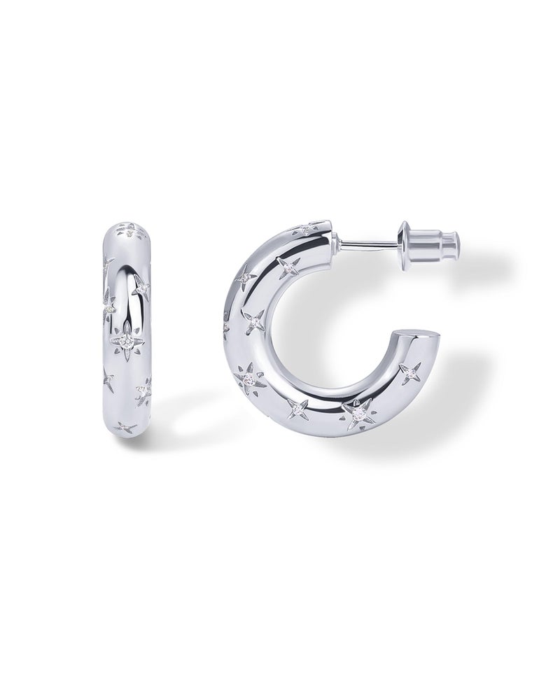 PAVOI Rhodium Plated Star Shine Hoop Earrings for Women | Cubic Zirconia Celestial Chunky Hoops Earrings | 20mm - Image 1