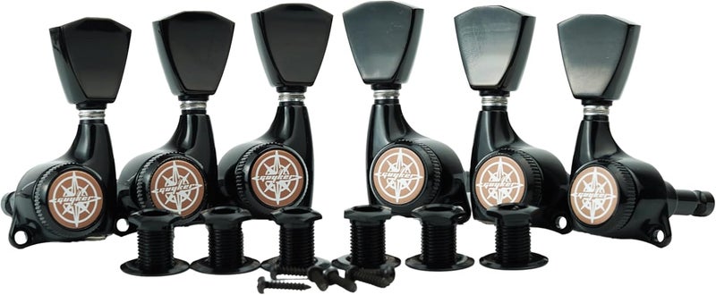 guyker Guitar Locking Tuners (3L + 3R Handed) – 1:21 Lock String Sealed Tuning Key Pegs Machine Heads with Keystone Knob Replacement for LP, SG, TL Style Electric or Acoustic Guitars – Black - Image 1