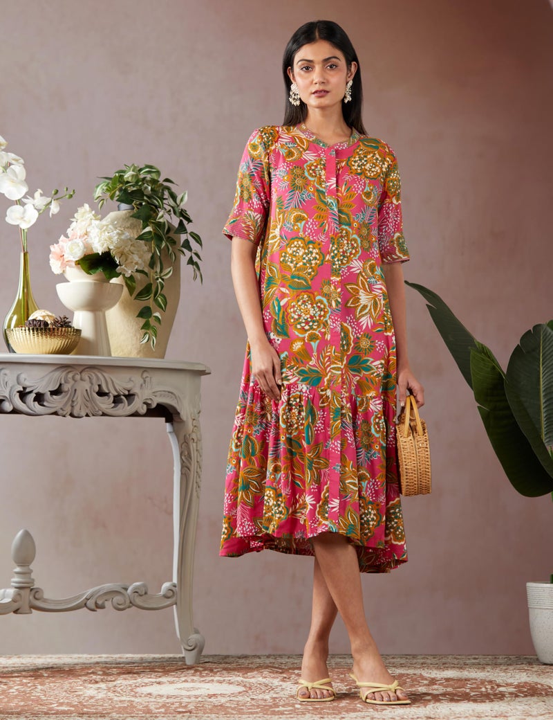 BIBA Women Printed Straight Calf Length Mix and Match Dress(Casual D2162_Fuchsia_40), 2XL - Image 2