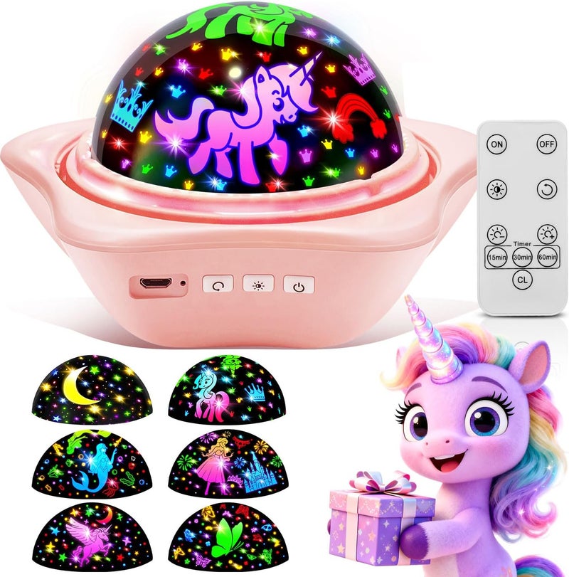 One Fire Unicorn Night Light Projector for Girls - 6 Films + 93 Colors, Rechargeable, Sensory Toy Gift - Image 1
