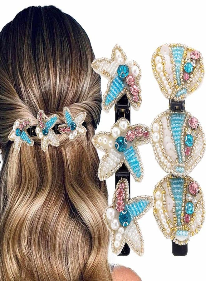 Outyua Braided Hair Clips Sparkling Crystal Stone Starfish Sea Shells Braid Clips for Women Pearl Shaped Hairpin Duckbill Clip 2Pcs - Image 1