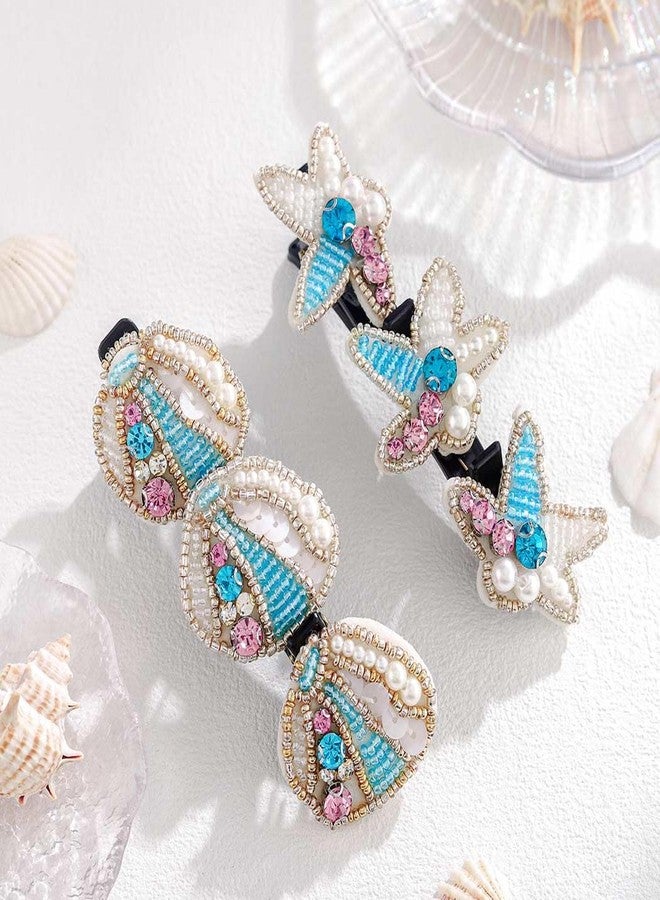 Outyua Braided Hair Clips Sparkling Crystal Stone Starfish Sea Shells Braid Clips for Women Pearl Shaped Hairpin Duckbill Clip 2Pcs - Image 2