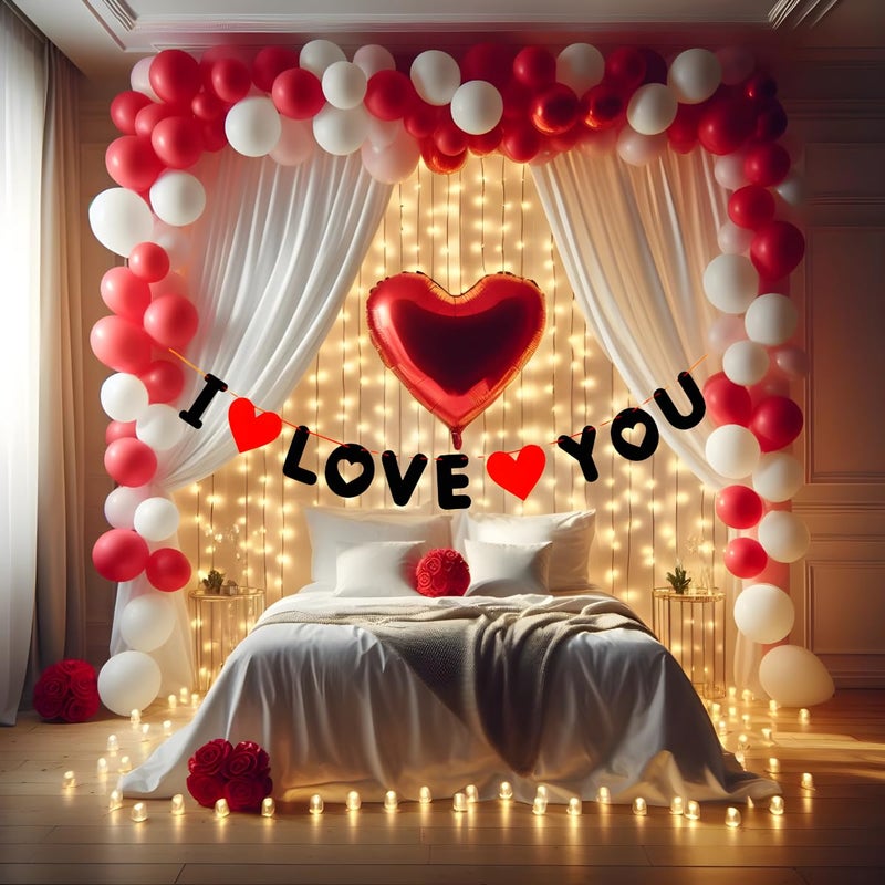Hemito 38 Pc Romantic decoration for bedroom item- I Love You Banner Metallic Balloons Backdrop Curtain LED Light Red Foil Heart| Romantic room decoration items| love decoration items kit (ILOVEU) - Image 1