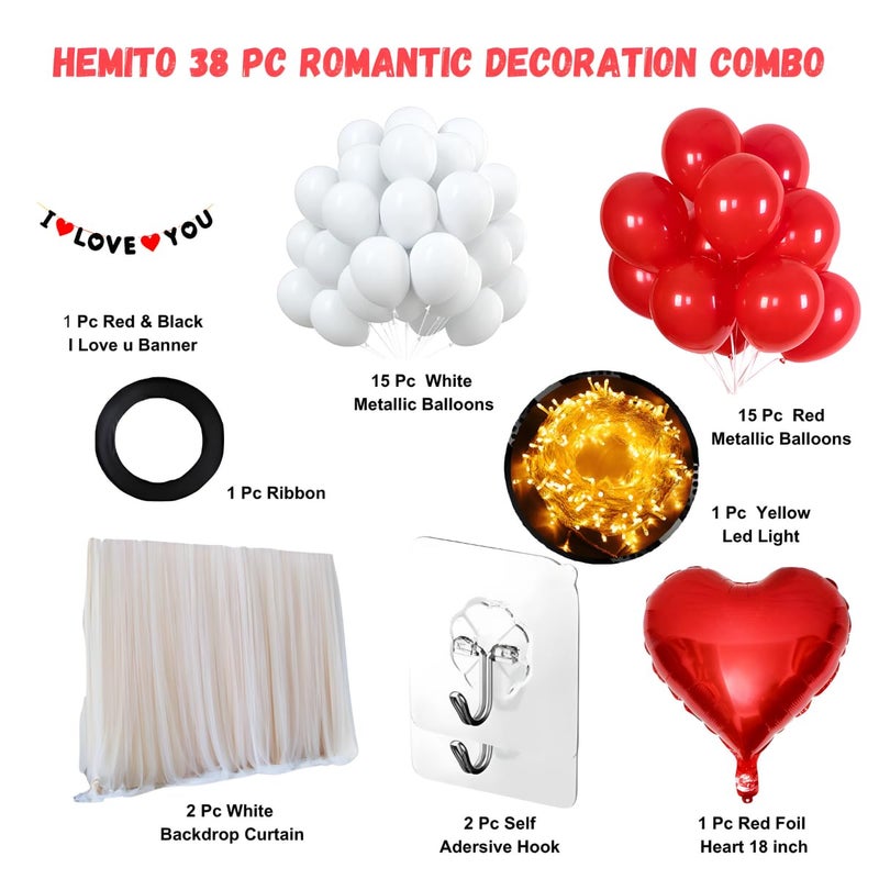 Hemito 38 Pc Romantic decoration for bedroom item- I Love You Banner Metallic Balloons Backdrop Curtain LED Light Red Foil Heart| Romantic room decoration items| love decoration items kit (ILOVEU) - Image 2