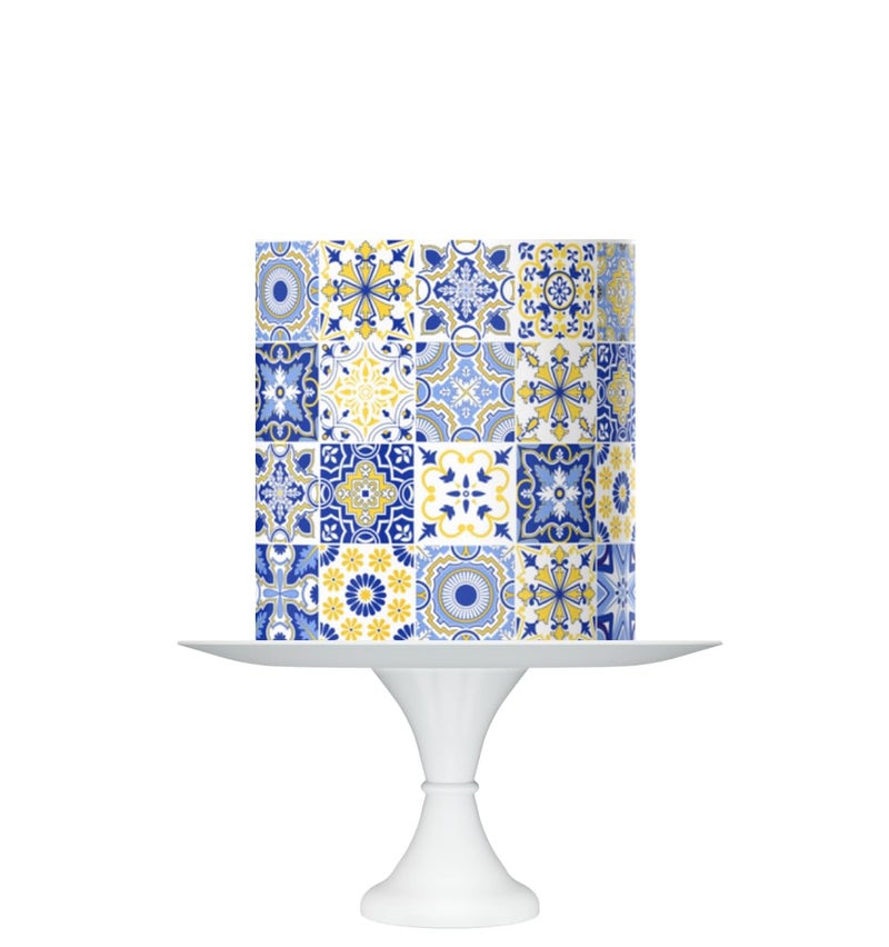 Mediterranean Tile Pattern Cake Topper Edible Icing Sheet Wrap Blue and Yellow Spanish tiles design - Image 3