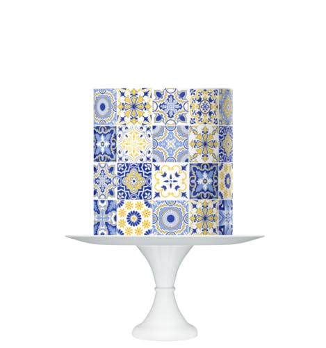 Mediterranean Tile Pattern Cake Topper Edible Icing Sheet Wrap Blue and Yellow Spanish tiles design - Image 1