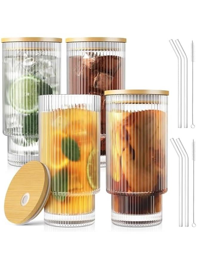 HOOKOR 16OZ Ribbed Glass Cups with Bamboo Lids and Glass Straws 4 Pack, Vintage Glassware for Whiskey Cocktail Beer, Iced Coffee Cups for Cute Gifts - Image 1