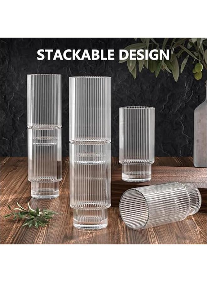 HOOKOR 16OZ Ribbed Glass Cups with Bamboo Lids and Glass Straws 4 Pack, Vintage Glassware for Whiskey Cocktail Beer, Iced Coffee Cups for Cute Gifts - Image 4