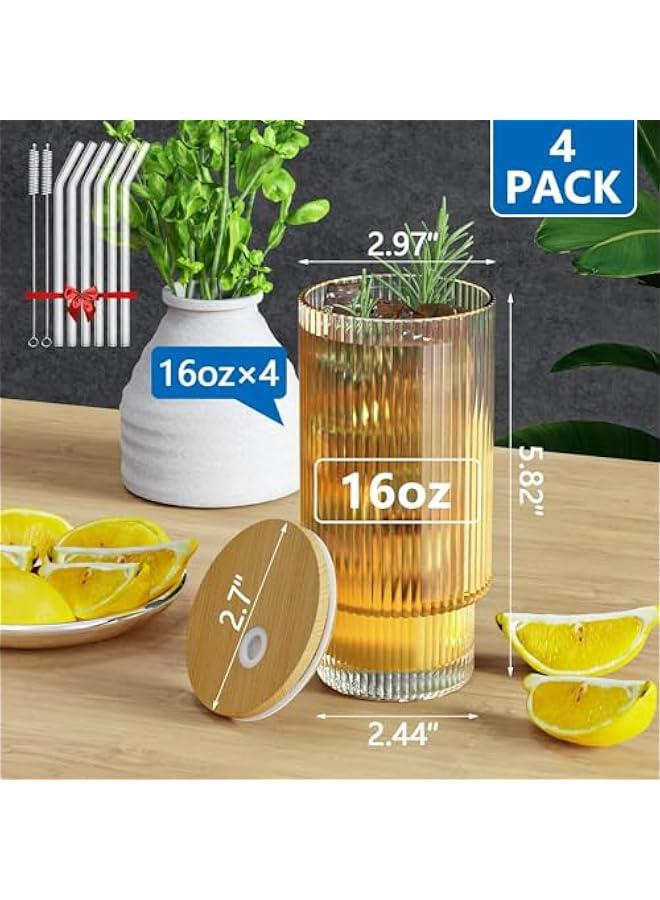 HOOKOR 16OZ Ribbed Glass Cups with Bamboo Lids and Glass Straws 4 Pack, Vintage Glassware for Whiskey Cocktail Beer, Iced Coffee Cups for Cute Gifts - Image 2