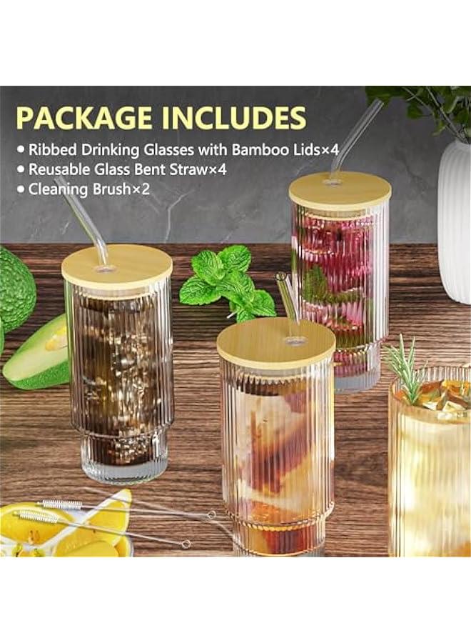 HOOKOR 16OZ Ribbed Glass Cups with Bamboo Lids and Glass Straws 4 Pack, Vintage Glassware for Whiskey Cocktail Beer, Iced Coffee Cups for Cute Gifts - Image 3