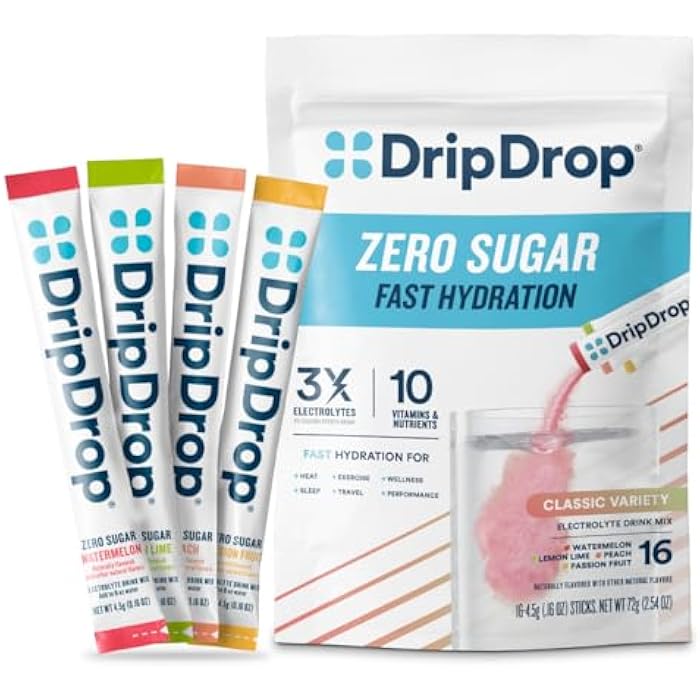 DripDrop حزم ترطيب درب دروب خالية من السكر - مجموعة متنوعة كلاسيكية صفراء - مسحوق مشروب إلكتروليتات بحصة واحدة - ليمون ليمون، بطيخ، خوخ، فاكهة العاطفة - غير معدلة وراثيًا، خالية من الغلوتين، نباتية - 16 عصا - Image 1