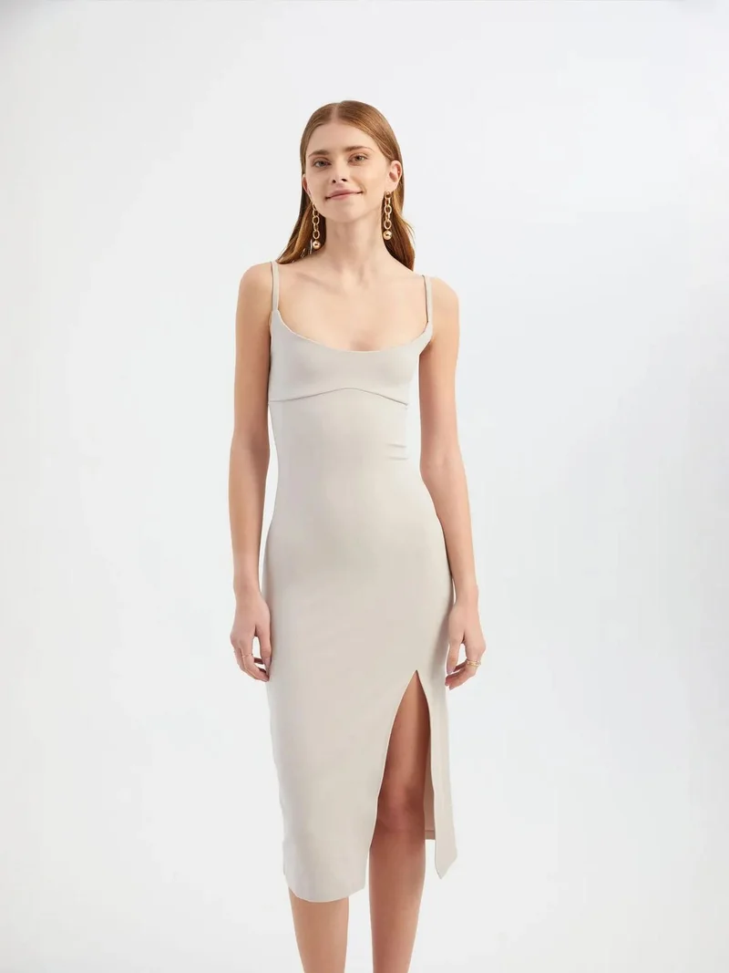 HICCUP Scoop Neck Spaghetti Strap Midi Bodycon Dress with a Side Slit