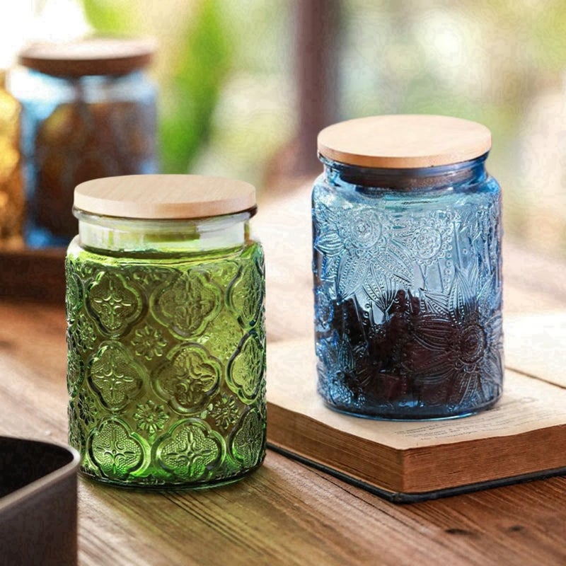 ANSQU Set of 2 Vintage Glass Canister, 23.7oz Candy Jars with Lids, Vintage Colored Mason Jar for Kitchen Decorative Jars for Coffee Tea Cookies, Cute Jar (Blue & Green) - Image 3