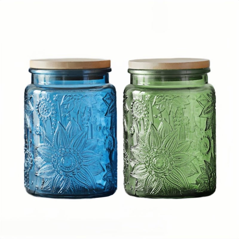 ANSQU Set of 2 Vintage Glass Canister, 23.7oz Candy Jars with Lids, Vintage Colored Mason Jar for Kitchen Decorative Jars for Coffee Tea Cookies, Cute Jar (Blue & Green) - Image 1