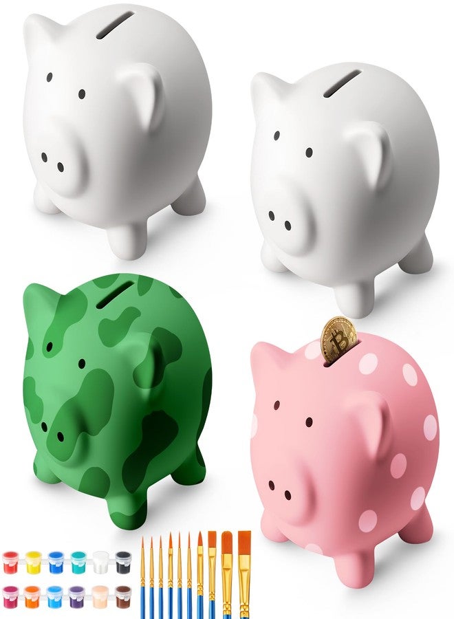 Skybooly 4 Pcs DIY Ceramic Piggy Banks 4.21 x 3.66 x 3.27 Inches Pig Coin Banks Unglazed White for Boys Girls with 2 Paint Strips 10 Brushes Money Birthday Home Festival Fun Activities Gift - Image 1