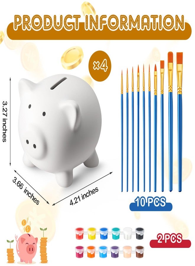Skybooly 4 Pcs DIY Ceramic Piggy Banks 4.21 x 3.66 x 3.27 Inches Pig Coin Banks Unglazed White for Boys Girls with 2 Paint Strips 10 Brushes Money Birthday Home Festival Fun Activities Gift - Image 2