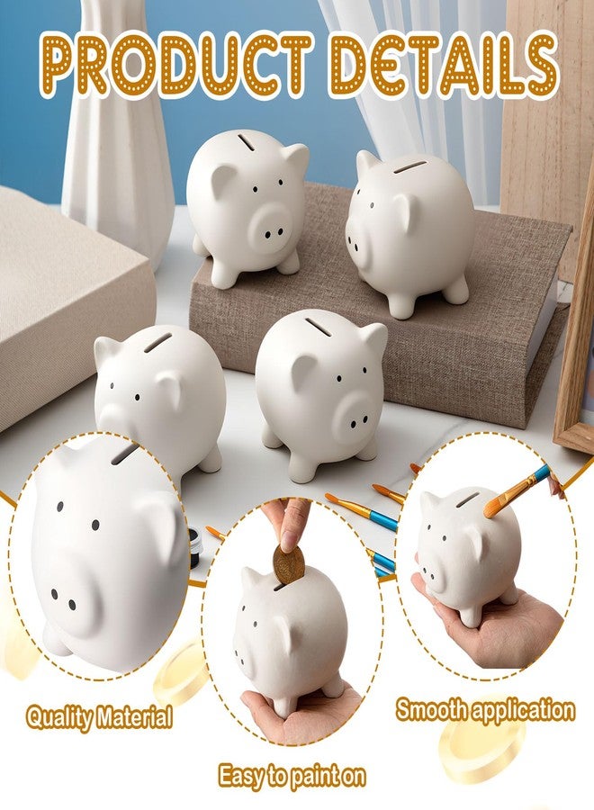Skybooly 4 Pcs DIY Ceramic Piggy Banks 4.21 x 3.66 x 3.27 Inches Pig Coin Banks Unglazed White for Boys Girls with 2 Paint Strips 10 Brushes Money Birthday Home Festival Fun Activities Gift - Image 3