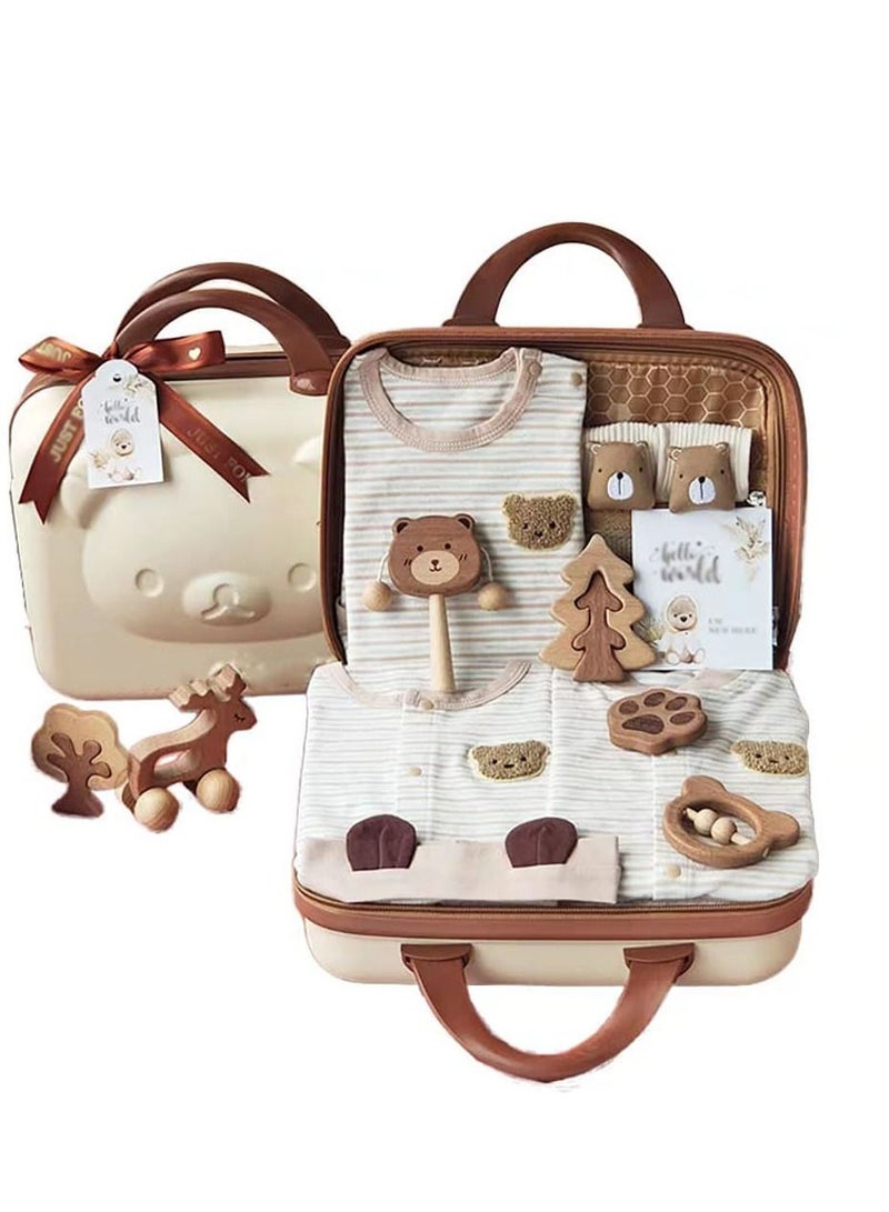 Baby Giftset for Newborn with Rompers and Wooden toys in lovely Suitcase in Bear theme for Girls and Boys - Image 1