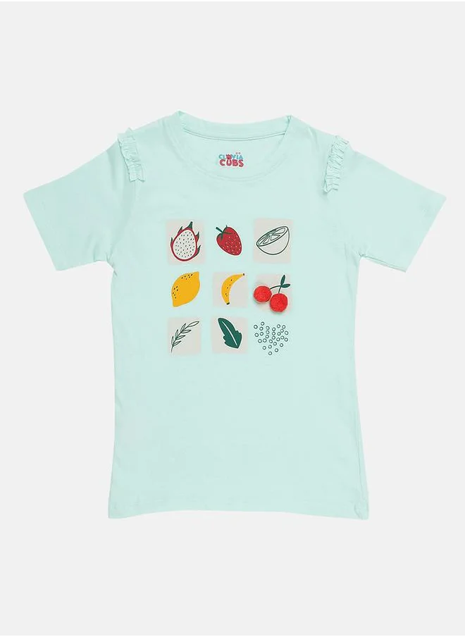 Clovia Cubs Fruit Print Ruffle Detail T-Shirt & Shorts Set by Styli