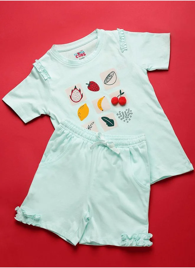 Clovia Cubs Fruit Print Ruffle Detail T-Shirt & Shorts Set by Styli