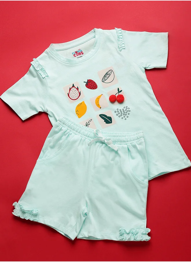 Clovia Cubs Clovia Cubs Fruit Print Ruffle Detail T-Shirt and Shorts Set