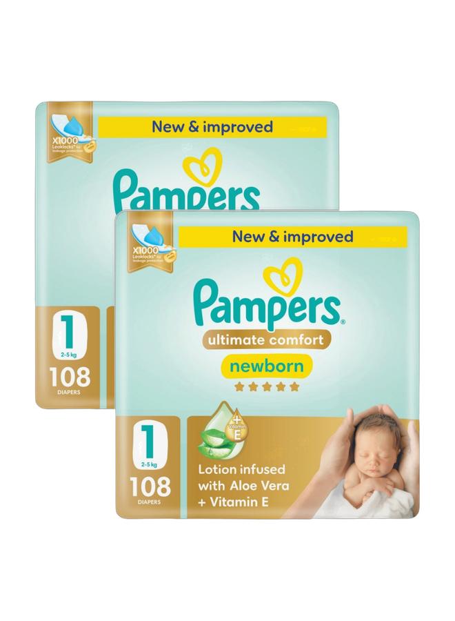 Pampers حفاضات مريحة للغاية، الحجم 1، 2-5 كجم، عبوة عملاقة، 108 قطعة - Image 1