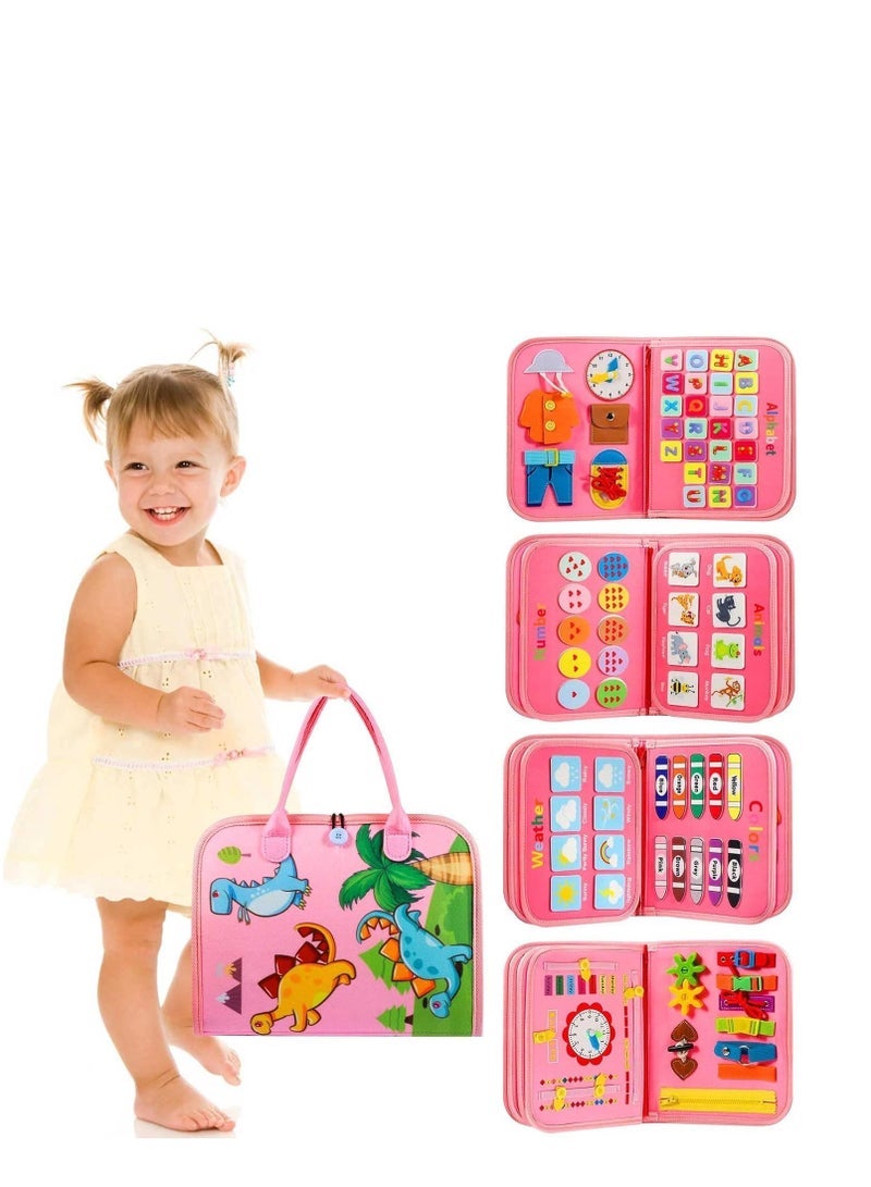 Educational Activity Board for Kids Ages 1, 2, 3, and 4 – Montessori Sensory Toy for Developing Fine Motor Skills in Preschool Boys and Girls, Pink Fabric - Image 1