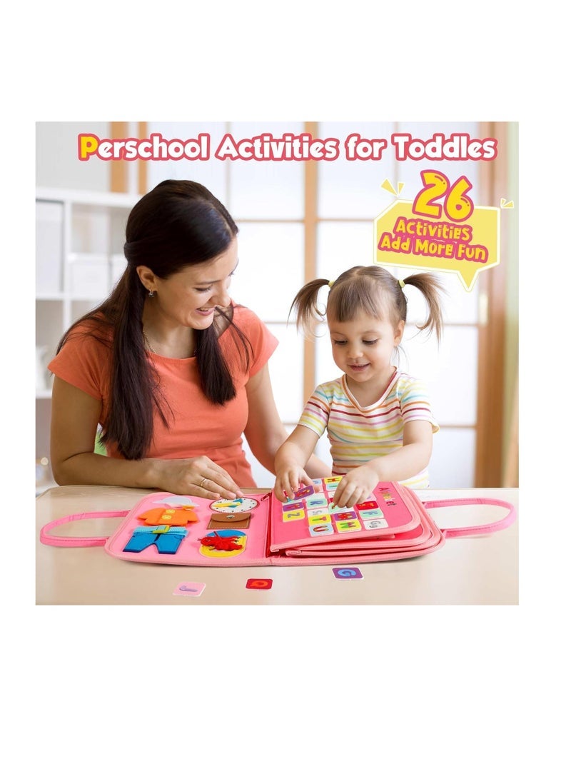 Educational Activity Board for Kids Ages 1, 2, 3, and 4 – Montessori Sensory Toy for Developing Fine Motor Skills in Preschool Boys and Girls, Pink Fabric - Image 2