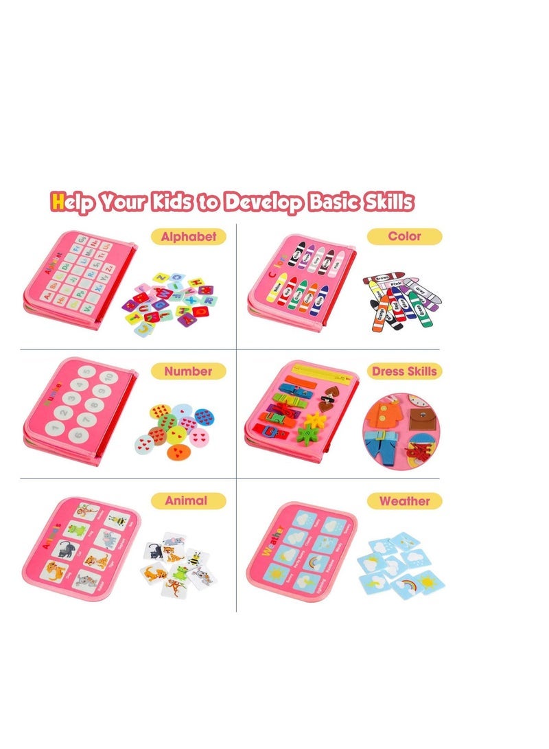 Educational Activity Board for Kids Ages 1, 2, 3, and 4 – Montessori Sensory Toy for Developing Fine Motor Skills in Preschool Boys and Girls, Pink Fabric - Image 3
