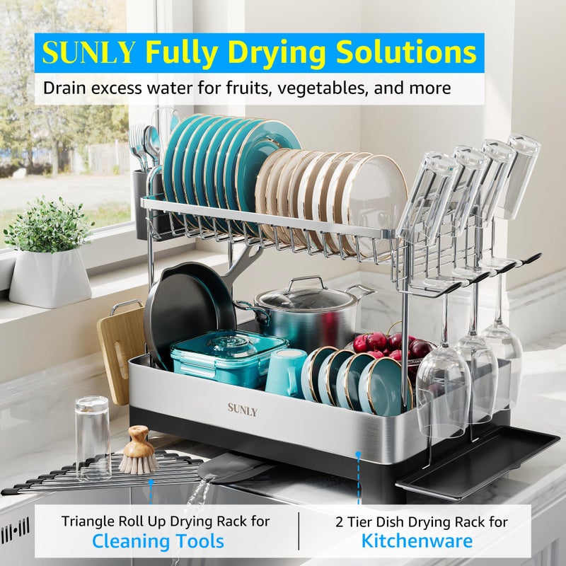 SUNLY 2 Tier Dish Drying Rack, Extra Large Dish Rack, Multifunctional Large Dish Drainers for Kitchen Counter, 304 Stainless Steel Kitchen Drying Rack, Bowl Drying Rack, Extendable Drain Spout, Black - Image 2