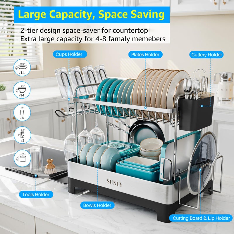 SUNLY 2 Tier Dish Drying Rack, Extra Large Dish Rack, Multifunctional Large Dish Drainers for Kitchen Counter, 304 Stainless Steel Kitchen Drying Rack, Bowl Drying Rack, Extendable Drain Spout, Black - Image 3