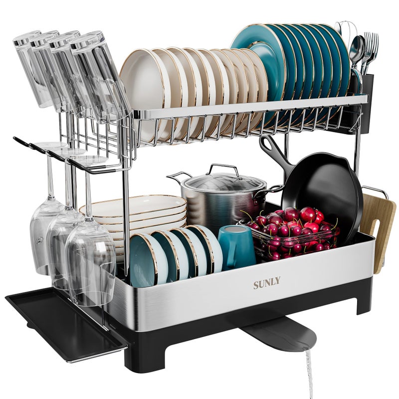 SUNLY 2 Tier Dish Drying Rack, Extra Large Dish Rack, Multifunctional Large Dish Drainers for Kitchen Counter, 304 Stainless Steel Kitchen Drying Rack, Bowl Drying Rack, Extendable Drain Spout, Black - Image 1