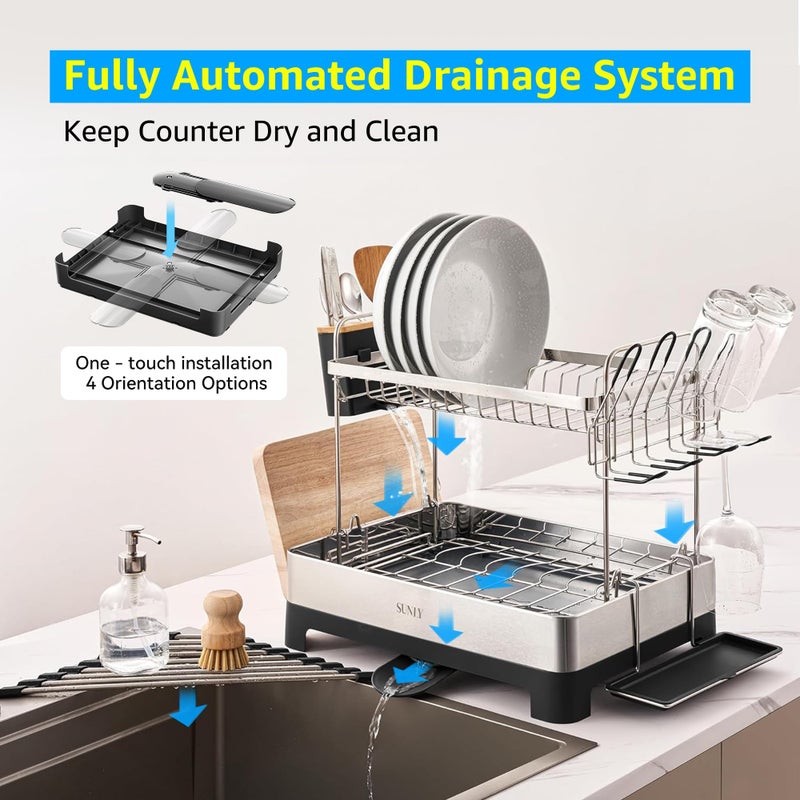 SUNLY 2 Tier Dish Drying Rack, Extra Large Dish Rack, Multifunctional Large Dish Drainers for Kitchen Counter, 304 Stainless Steel Kitchen Drying Rack, Bowl Drying Rack, Extendable Drain Spout, Black - Image 4