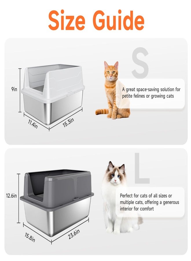 KISENG Stainless Steel Cat Litter Box, Odor Free Metal Litter Box with High Sides Lid, Open Top Low Entry Litter Pan Include Scoop Easy Cleaning Anti-Scratch Kitty Cat Box Anti-Urine Leakage, Non-Sticky - Image 2