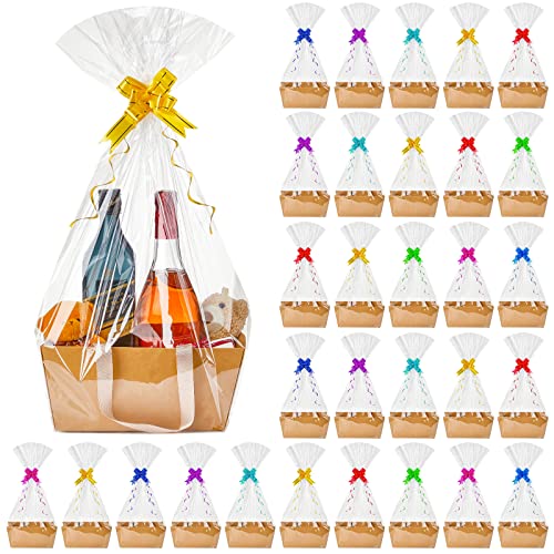 Tuanse 30 Pcs Basket for Gift Empty DIY Bulk Gift Basket Kit with Handle Kraft Cardboard Tray with 30 Bag 30 Bow Market Tray for Wedding Party(Brown,9.8 x 6.5 x 4.3 in) - Image 1