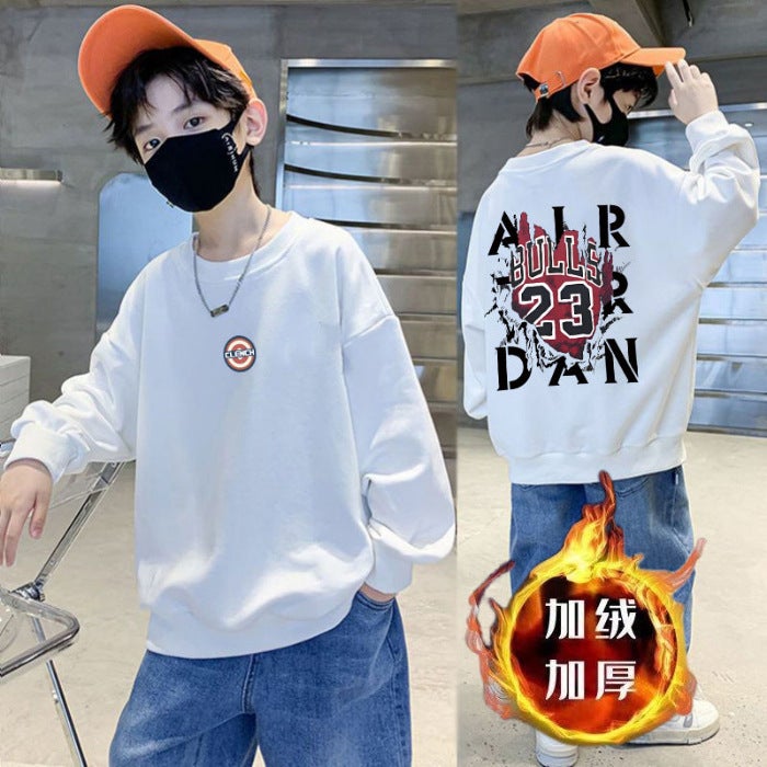 Boys' Trendy 2026 New Style Fleece-Lined Crewneck Pure Cotton Sweatshirt Versatile Long-Sleeve Loose Top - Image 1
