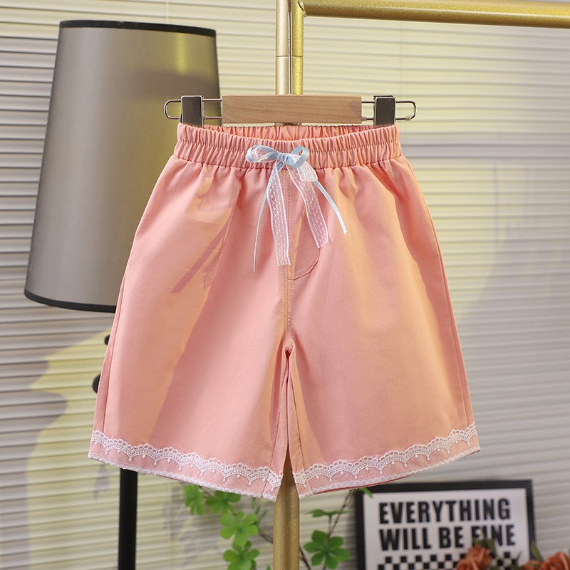 2025 Summer Cotton Girls' Lace Lace Pants Children'S Outer Wear Breathable Cropped Pants Baby Fashion Bow - Image 1