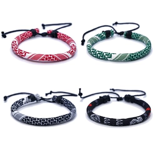 TUCEWP 4Pcs Palestinian Keffiyeh Bracelets for Women Men Country Proud Adjustable Braided Wristband Handmade Woven String Bracelets Palestinian Rope Bracelets Black Grey Green Red Fabric Wrist Wrap - Image 1