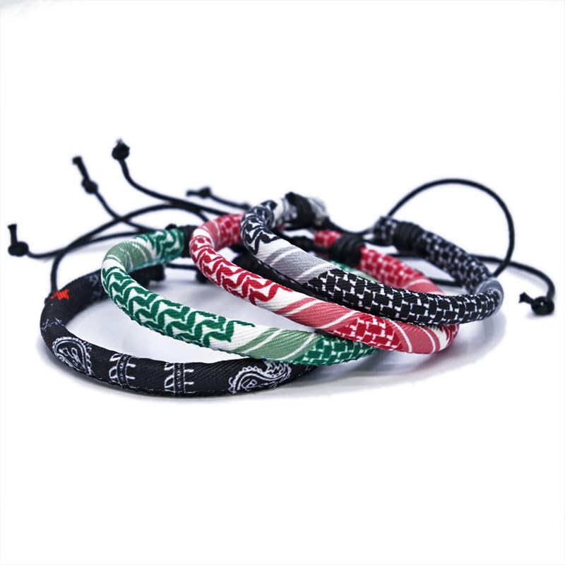 TUCEWP 4Pcs Palestinian Keffiyeh Bracelets for Women Men Country Proud Adjustable Braided Wristband Handmade Woven String Bracelets Palestinian Rope Bracelets Black Grey Green Red Fabric Wrist Wrap - Image 2