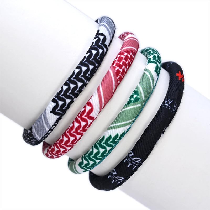 TUCEWP 4Pcs Palestinian Keffiyeh Bracelets for Women Men Country Proud Adjustable Braided Wristband Handmade Woven String Bracelets Palestinian Rope Bracelets Black Grey Green Red Fabric Wrist Wrap - Image 3