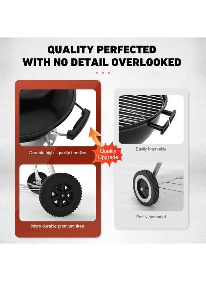 YOUWE7 شواية فحم YOUWE7 مقاس 18 بوصة، شوايات شواء دائرية محمولة، متينة وسهلة التجميع، عجلات للشواء/شواية شواء مع عجلات للفناء الخلفي والتخييم والفناء والشاطئ، لون أسود - Image 5